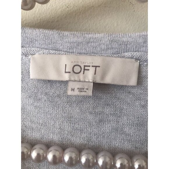 LOFT Womens Size M Cardigan Sweater Button Front Gray White Lace Crochet Front - Picture 5 of 5